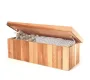 A rendered image of a wooden garden storage bench with the lid propped open, showing white seat cushions stored inside.