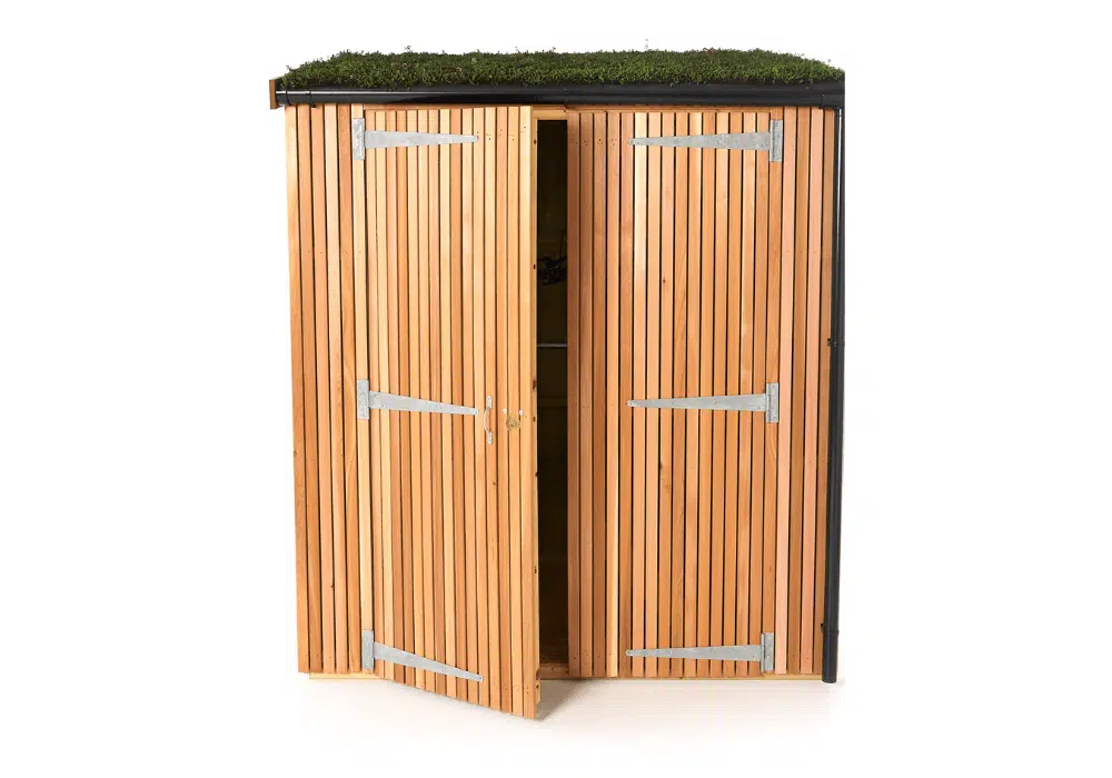 Vertical Bike Shed with bikes hung on the integrated powder-coated hooks, image 2 in the product gallery