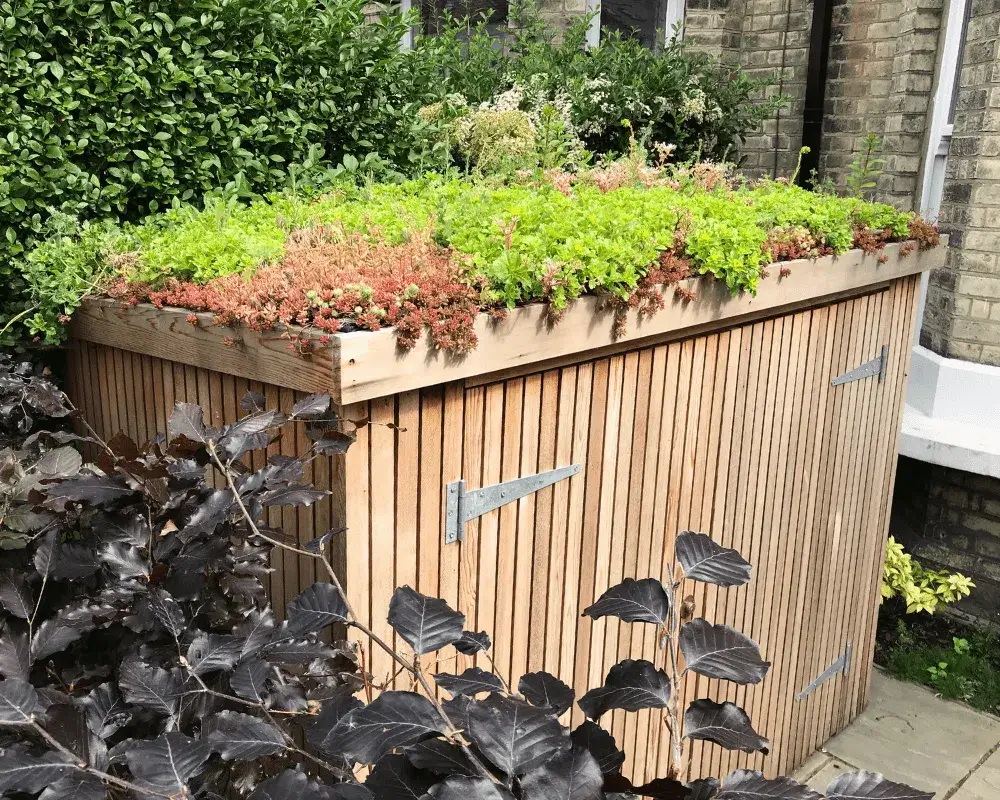 Timber bike shed with a green sedum roof in a British garden, providing secure outdoor bicycle storage and a stylish, space-saving garden feature.